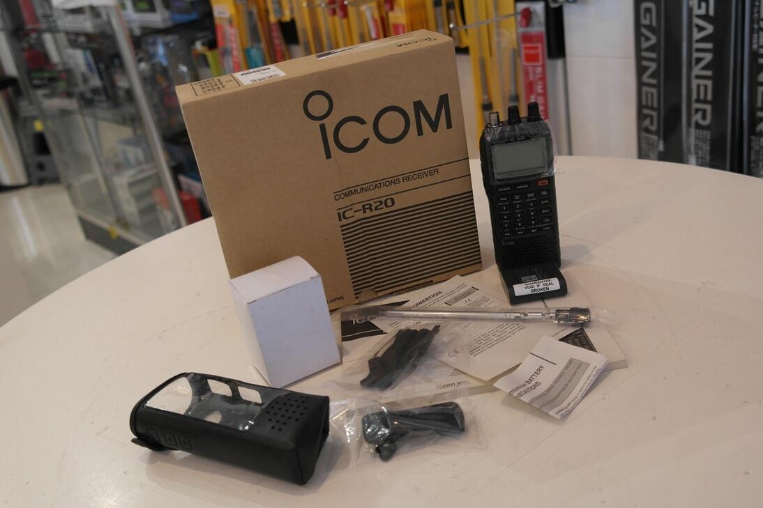 Used Icom IC-R20 multimode scanner with accessories laid out