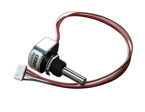 Yaesu Q9000619 VFO encoder for FT-920 transceiver with silver shaft and 3-wire connector, isolated on white background