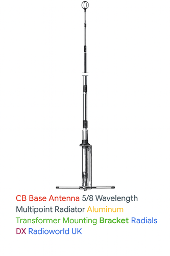 Sirio CB base antenna with 5/8 wave design, aluminium construction, transformer feed, and ground radials – ideal for DX and base station use.