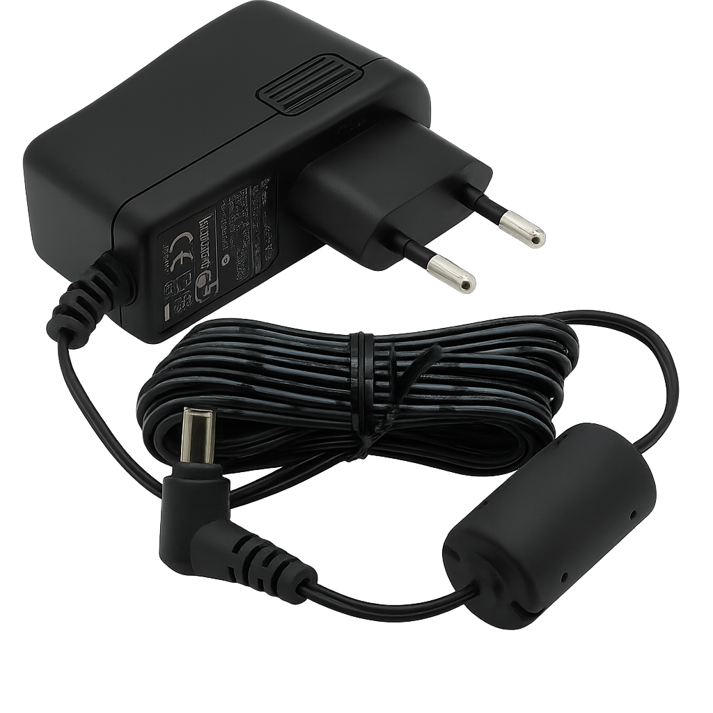 “Icom BC‑123SE European plug AC‑DC adaptor with 12V output and ferrite filtered cable”
