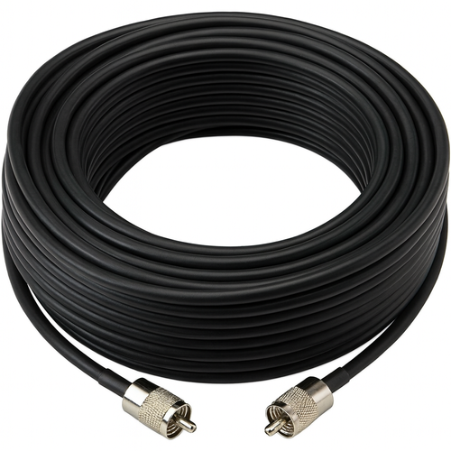 RG58 coax cable reel with silver PL‑259 connectors, suitable for CB and ham radio setups