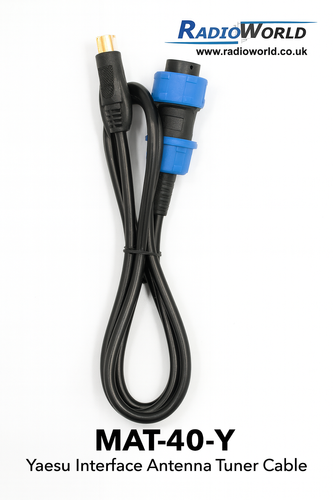 MAT-40-Y Yaesu interface antenna tuner cable with blue and black connector, coiled and secured, displayed on white background with Radioworld UK branding.