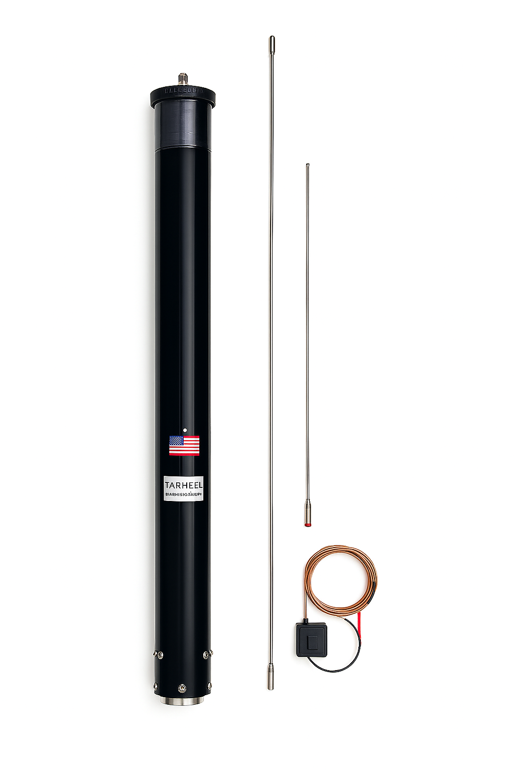 Tarheel motorised HF antenna with two stainless steel whip elements and control cable on white background