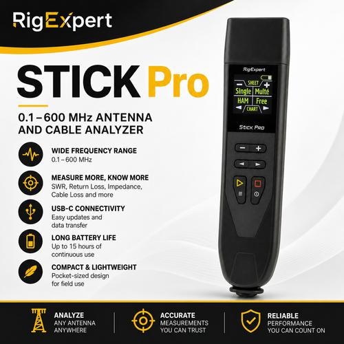 RigExpert Stick Pro frequency range 0.1–600 MHz close‑up