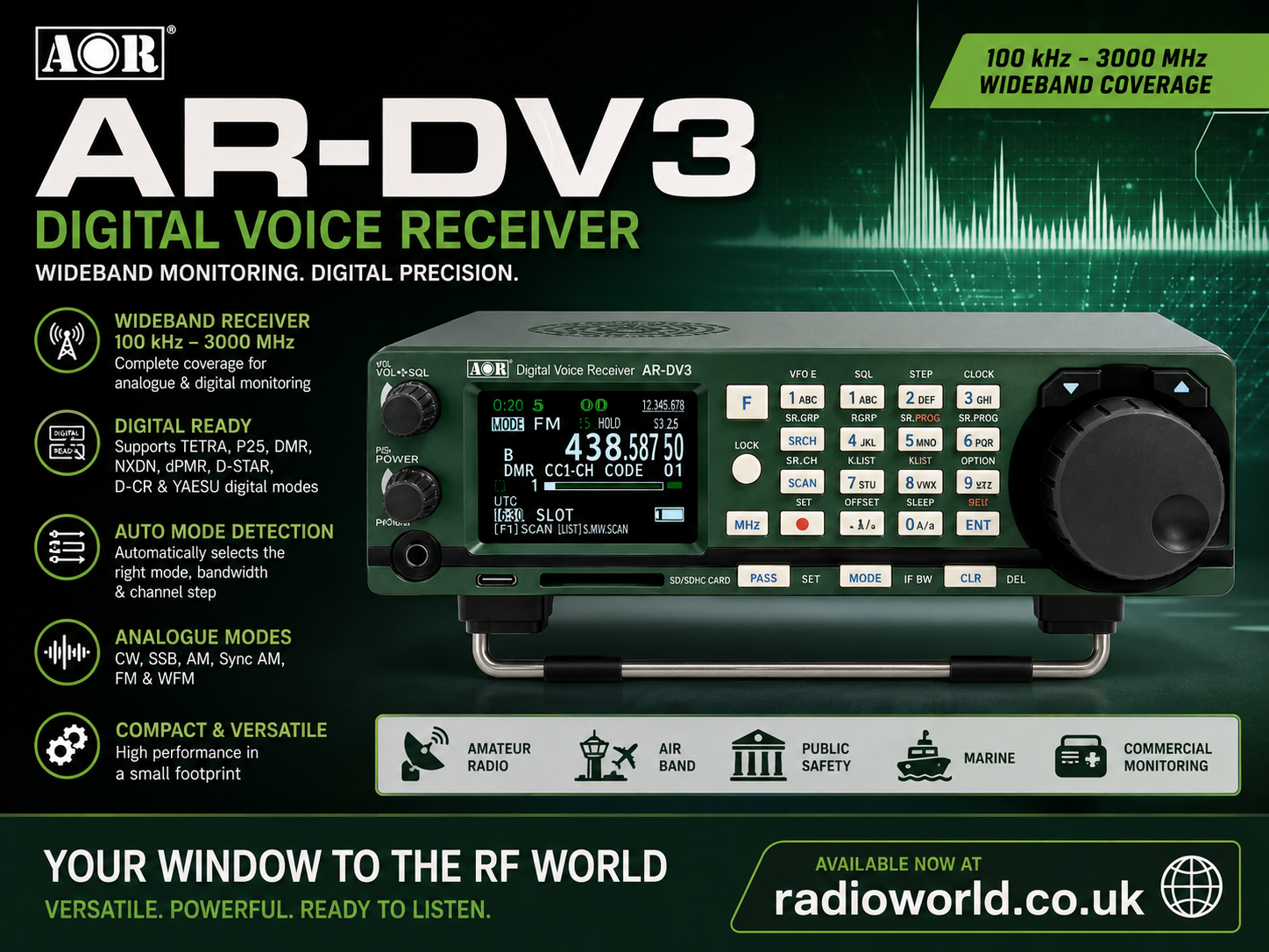 AOR AR‑DV3 professional communications receiver front view
