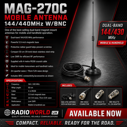 MAG‑270C Mobile Antenna 144/440MHz (BNC) - Radioworld UK