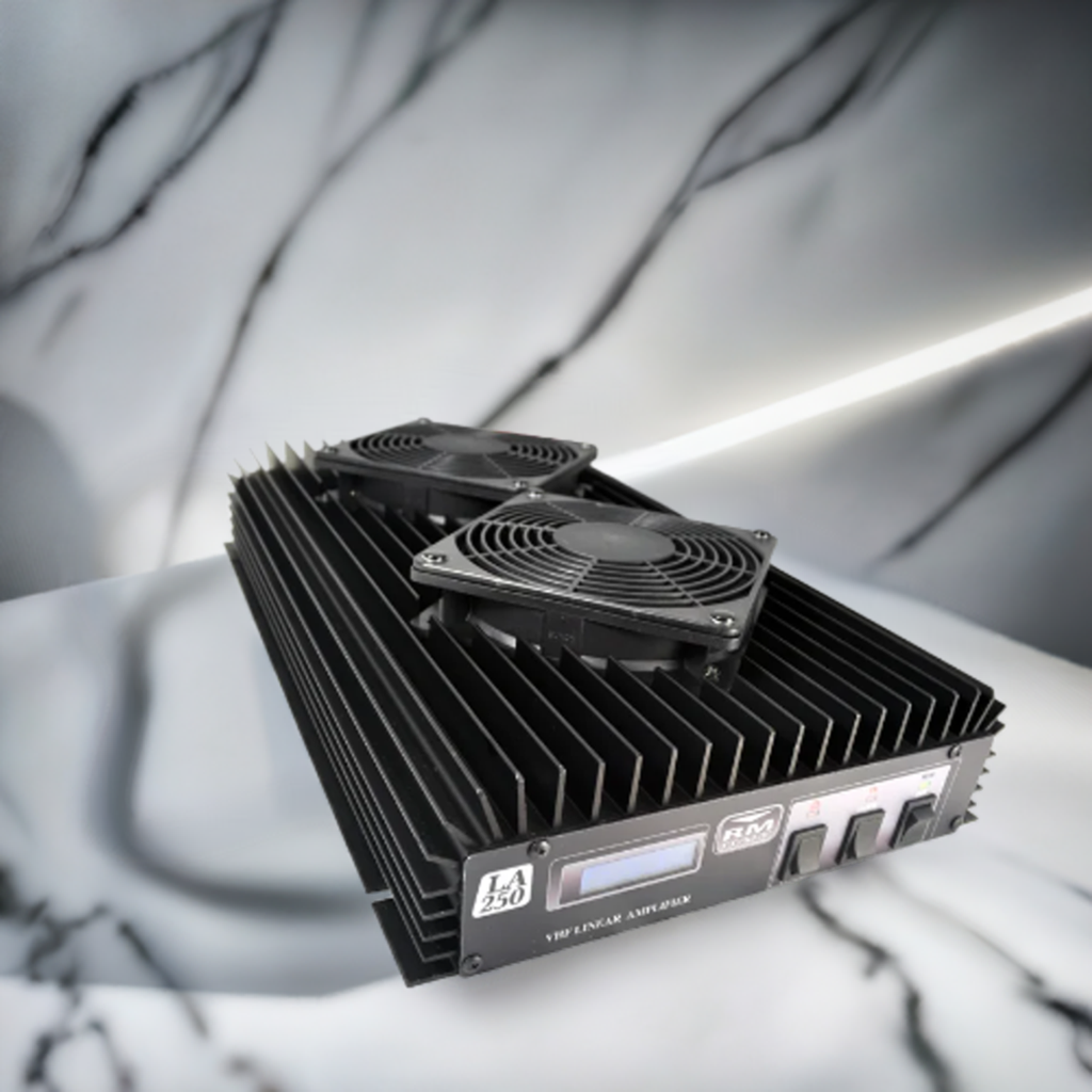 RM LA‑250V 200W VHF linear amplifier with cooling fans for 140–150MHz, Radioworld UK branded