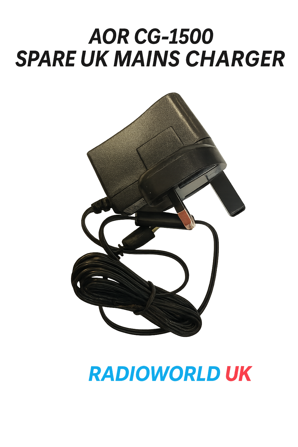 AOR CG-1500 spare UK mains charger for AR-8200 receiver, shown with 3-pin plug and coiled power cable; displayed on white background with Radioworld UK branding