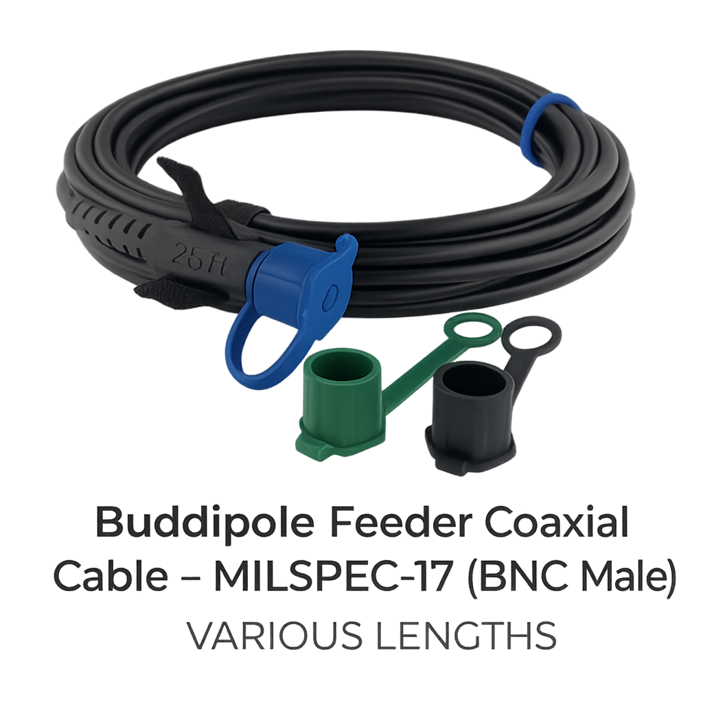 Buddipole Feeder Coaxial Cable – MILSPEC‑17 (BNC Male), 25ft length, coiled with BNC connector and color-coded caps on white background