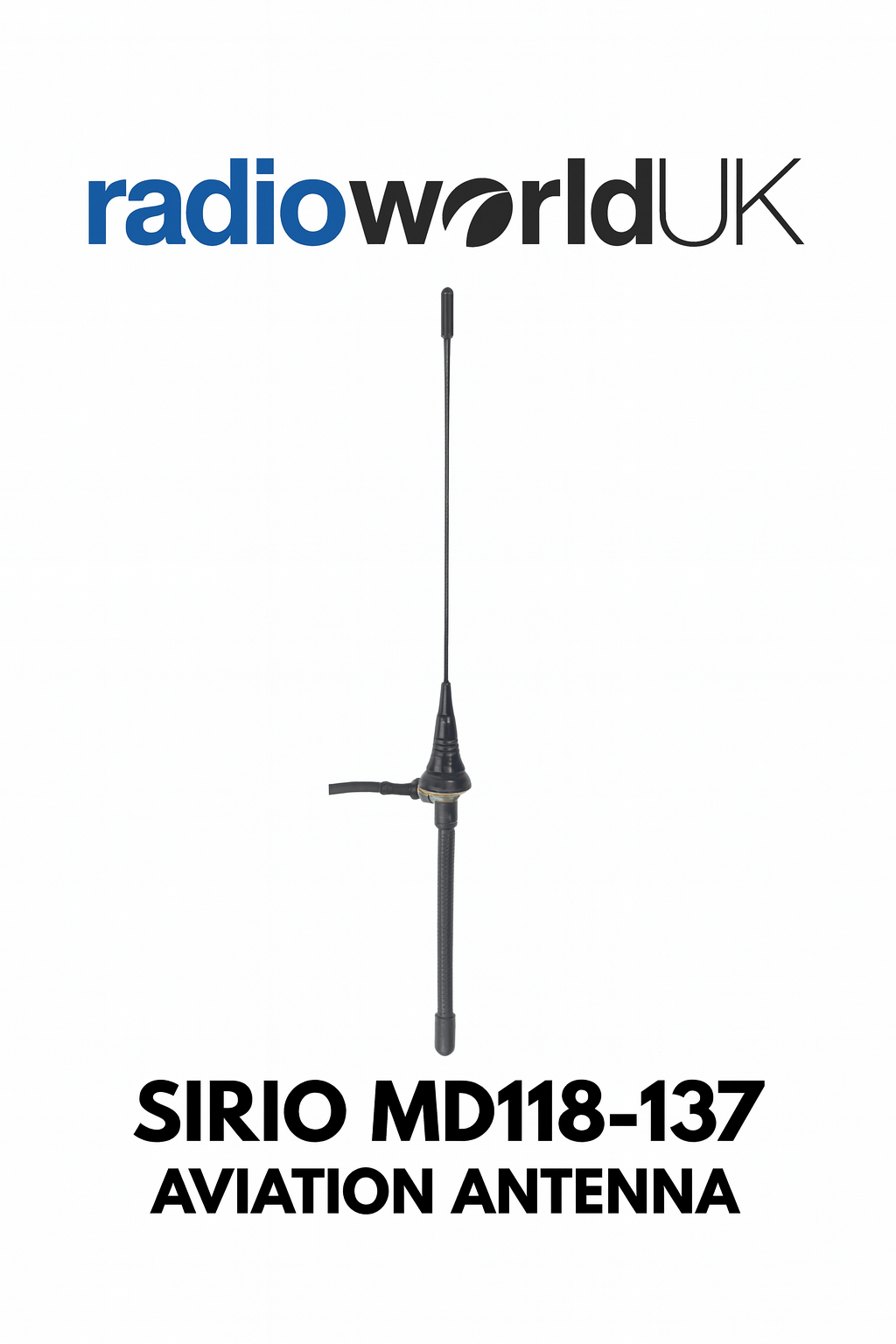 Sirio MD118‑137 aviation antenna with whip design and coaxial cable