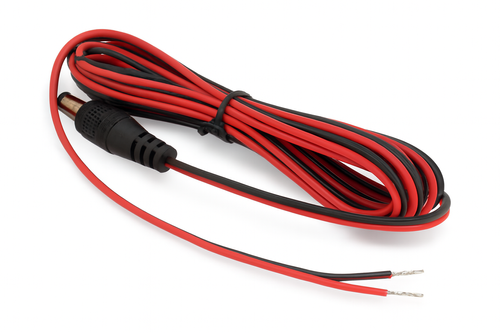 LDG 6-foot DC power lead with barrel plug and red/black stripped wire ends, coiled on white background
