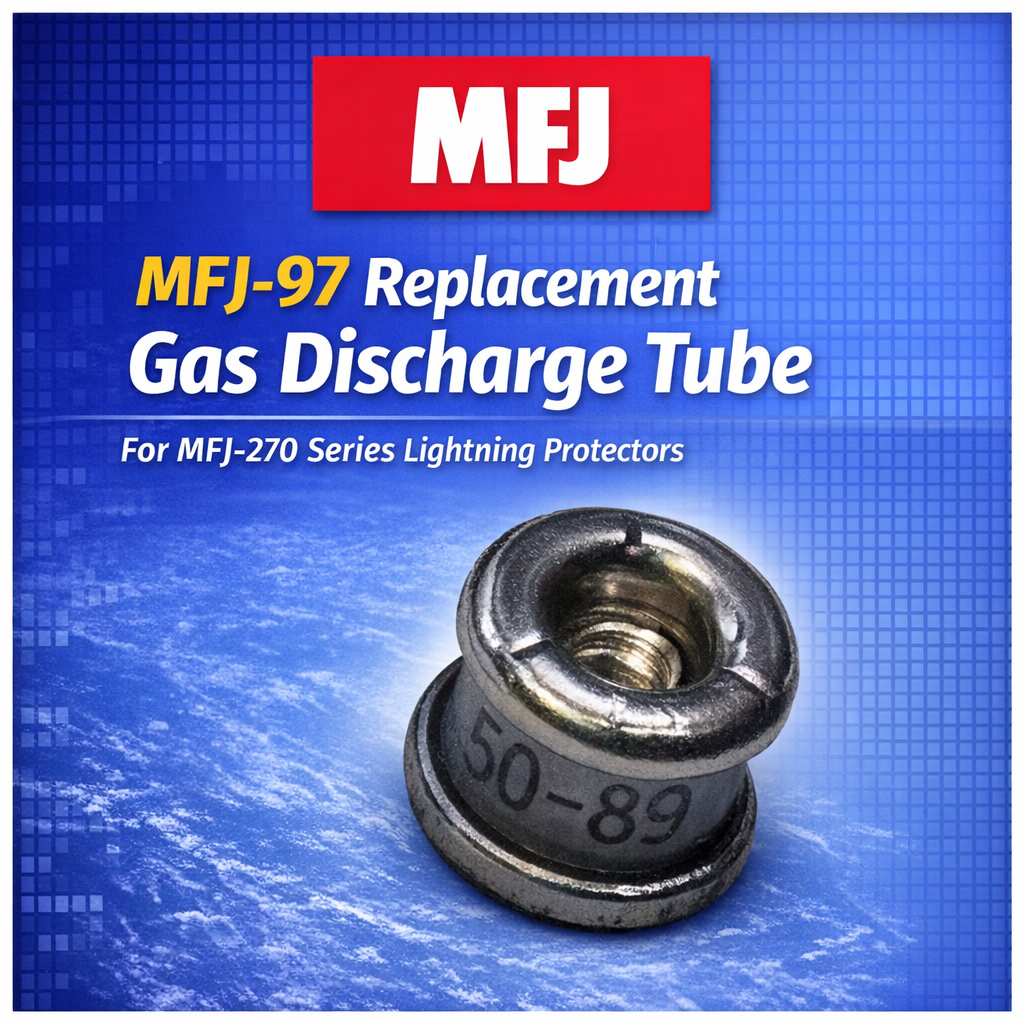 Close‑up of MFJ‑97 gas discharge tube, precision RF surge protection element for MFJ‑270 static protectors, metallic body with engraved 50‑89 – Radioworld UK NEW