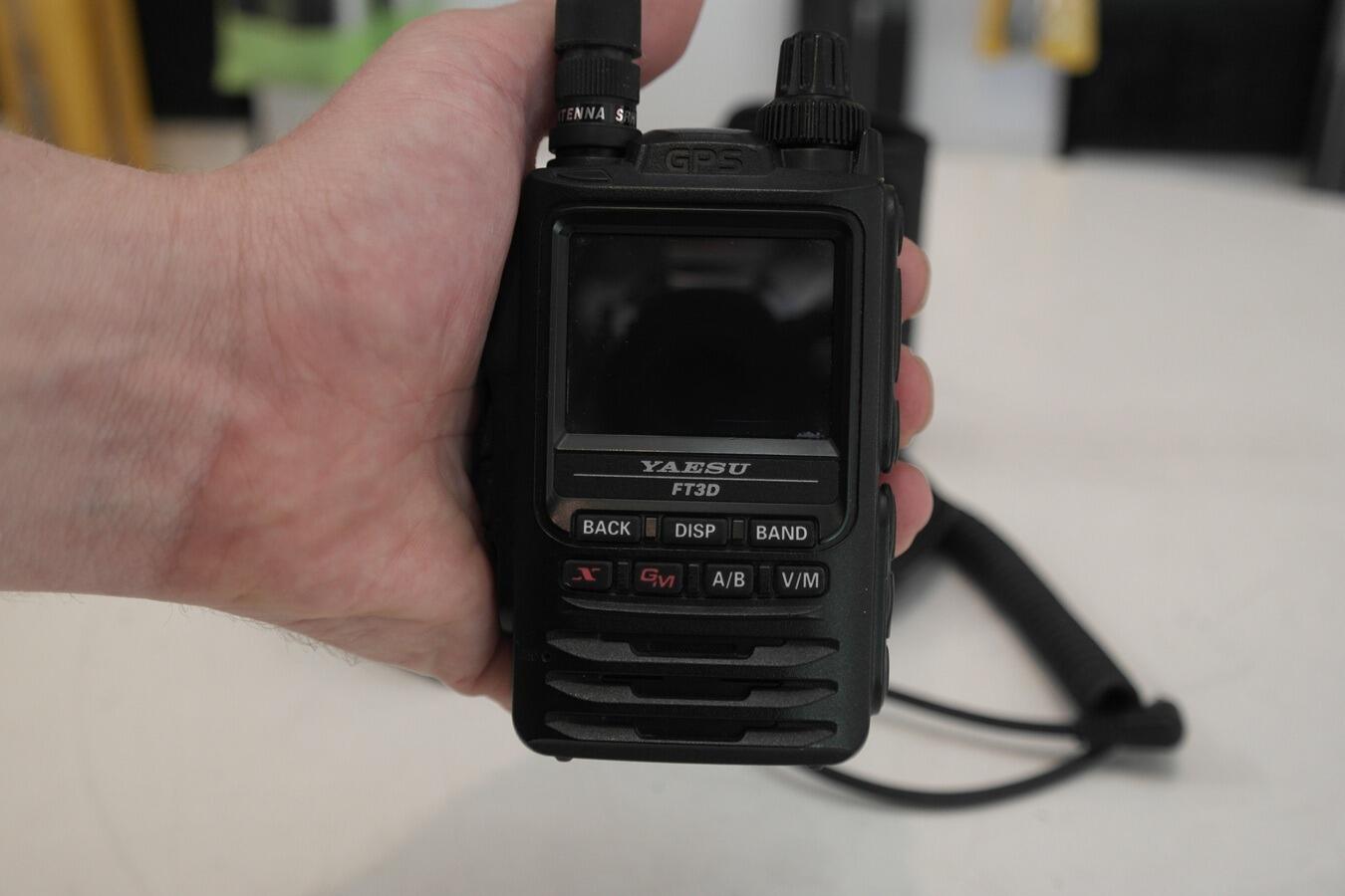 Yaesu FT3DE C4FM digital handheld radio powered on display
