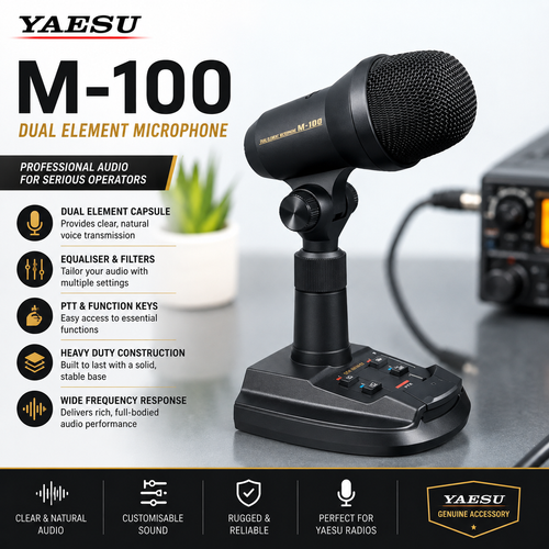 Yaesu M-100 dual element microphone with Radioworld UK branding and station-ready build