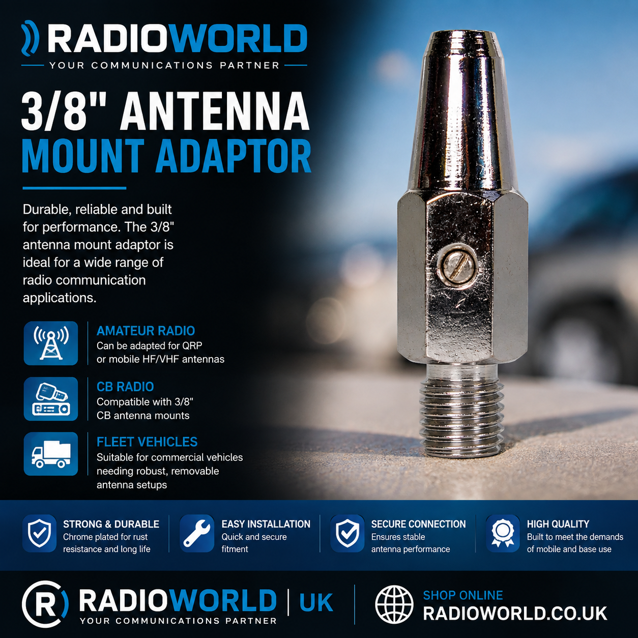 ACC‑38WA metal whip adapter with 3/8 stud mount for CB and taxi antennas