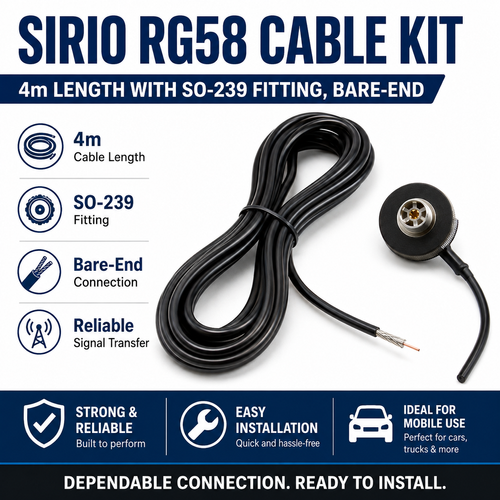 SO‑239 antenna mount with 4m RG58 coax for custom connector not fitted.