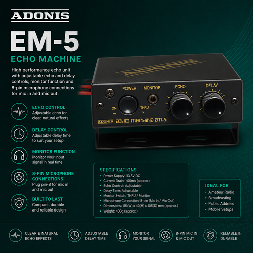 "Adonis EM‑5 echo machine with echo and delay controls and 8‑pin mic connector – Radioworld UK"