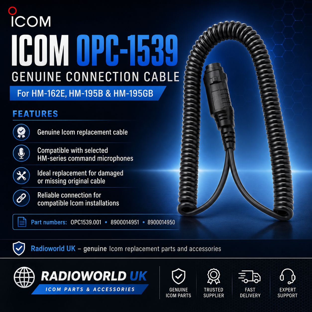 Icom OPC-1539 Connection Cable for HM-162E HM-195B HM-195GB Radioworld UK