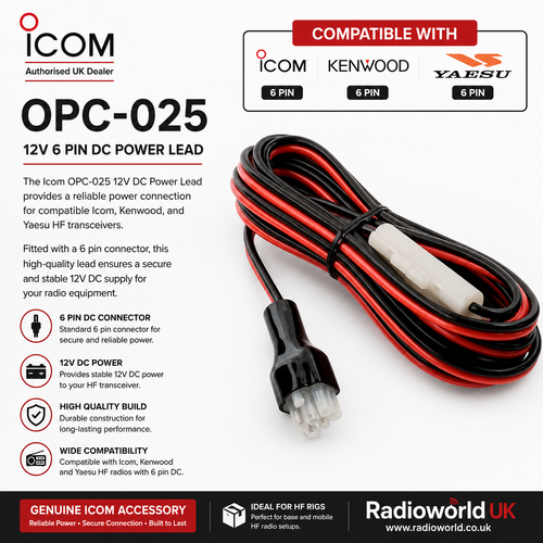 Icom OPC‑025 12V DC Power Lead with 6‑Pin Connector and 2×20A Fuses for Icom, Kenwood, Yaesu and Alinco HF Radios
