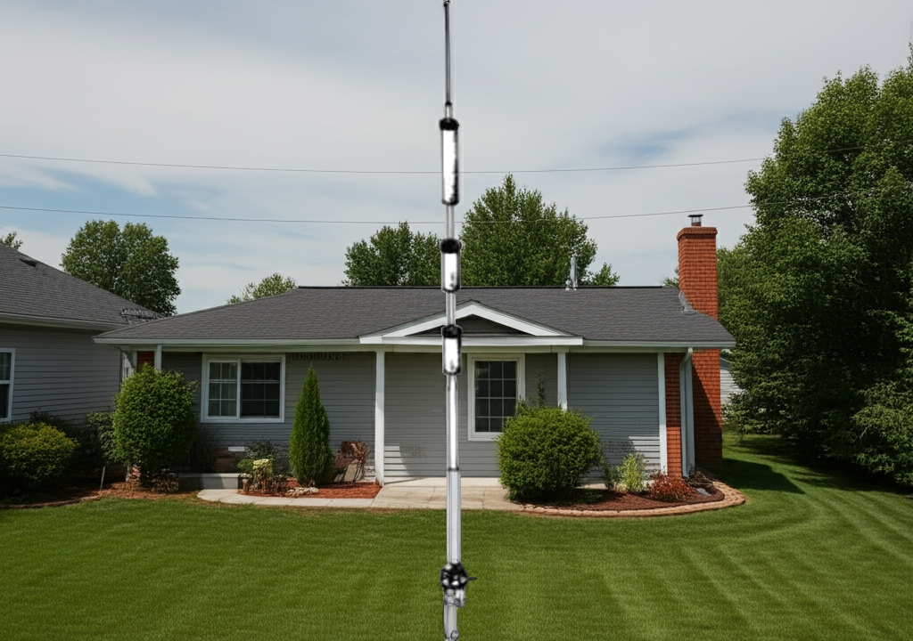 The Rv-4c 4-band vertical antenna from mosley antenna stands tall and slender, with a minimalist profile that blends into suburban backyards or rural landscapes.