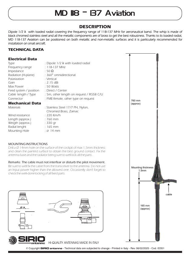 Sirio MD 118-137 Aviation – Official Sirio Antenne Product Page