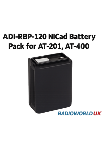 ADI-RBP-120 12V 600mAh NiCad Battery Pack – black rectangular module with metal contacts, compatible with ADI AT-201 and AT-400, shown on white background with Radioworld UK branding