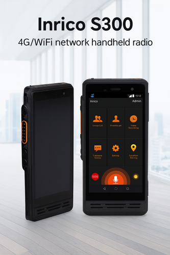 Rugged Inrico S300 4G/WiFi smart radio showing SOS and communication app icons