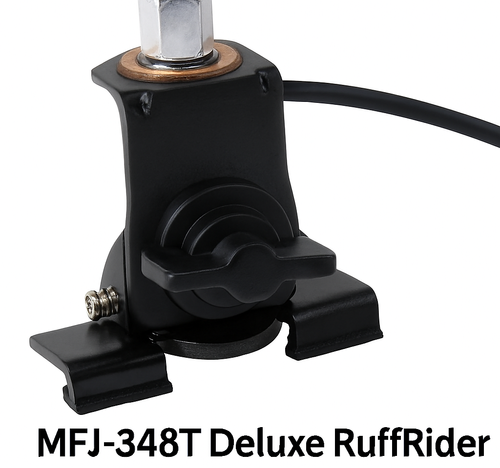 MFJ‑348T Deluxe RuffRider antenna lip mount with 3/8‑24 connector and fold‑over knob on white background