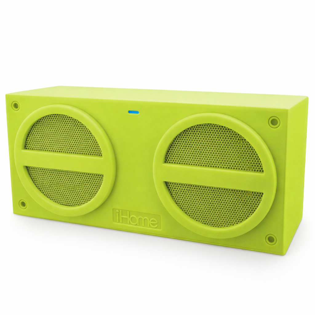 Bright green iHome iBT24 portable Bluetooth mini speaker with dual front grilles
