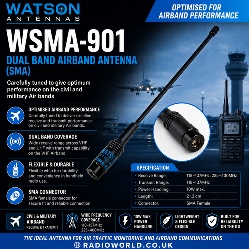 WATSON WSMA‑901 Dual Band Airband Antenna (SMA) – Radioworld UK