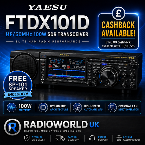 "Yaesu FTDX101D HF/50MHz 100W SDR transceiver with £170 cashback offer – Radioworld UK"
