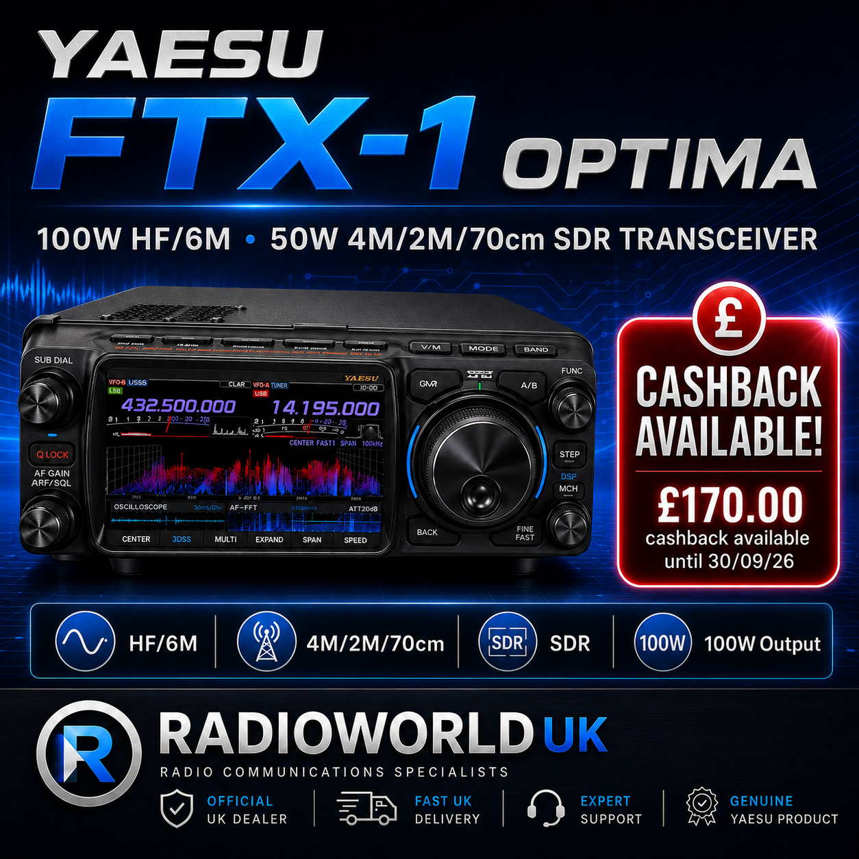 "Yaesu FTX‑1 Optima 100W HF/6M 50W 4M/2M/70cm SDR transceiver with £170 cashback offer – Radioworld UK"