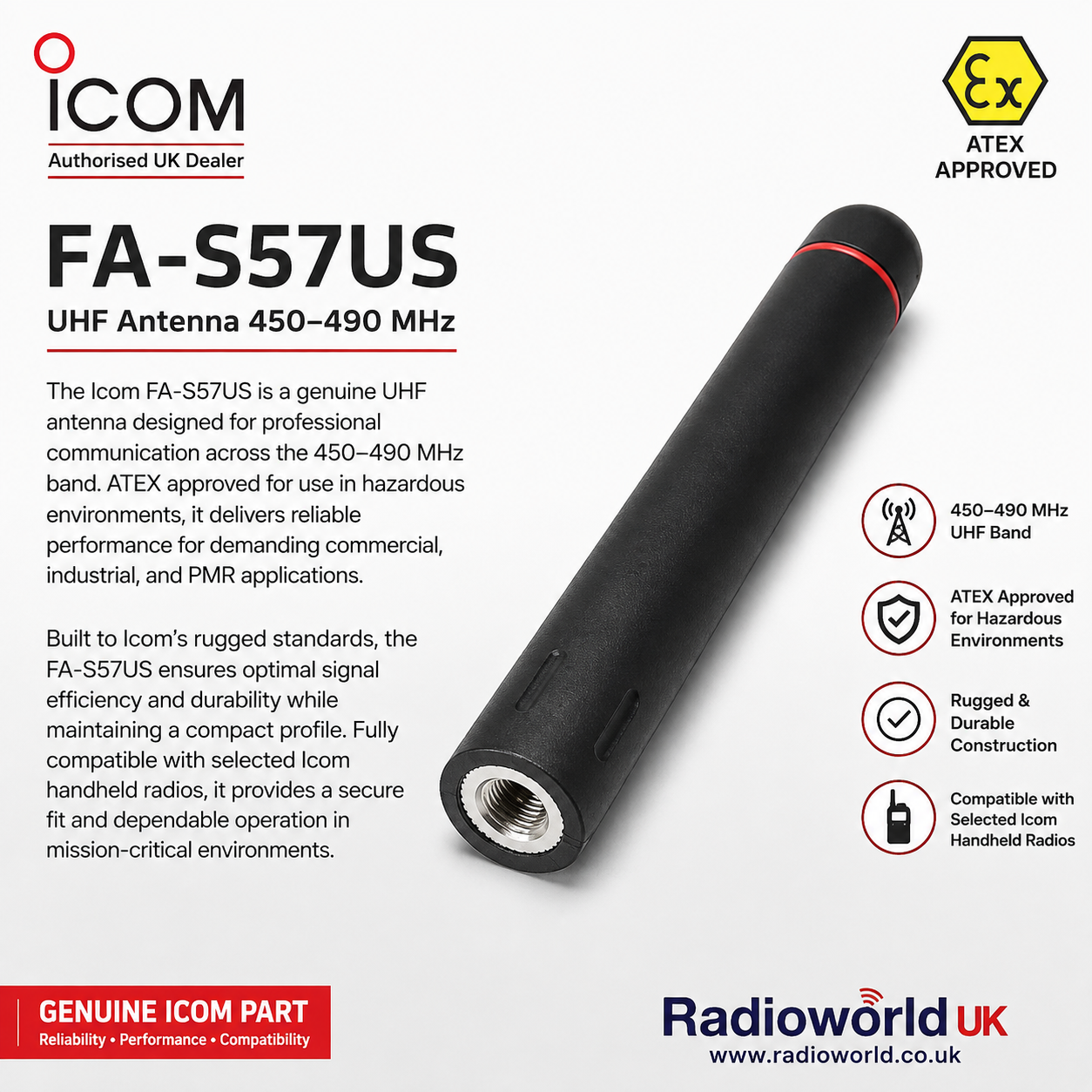Icom FA‑S57US UHF Antenna 450–490 MHz – Genuine Icom ATEX‑approved UHF antenna