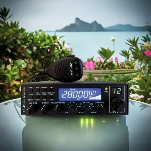 CRT SS 6900V 10‑metre mobile transceiver front panel with blue LCD display