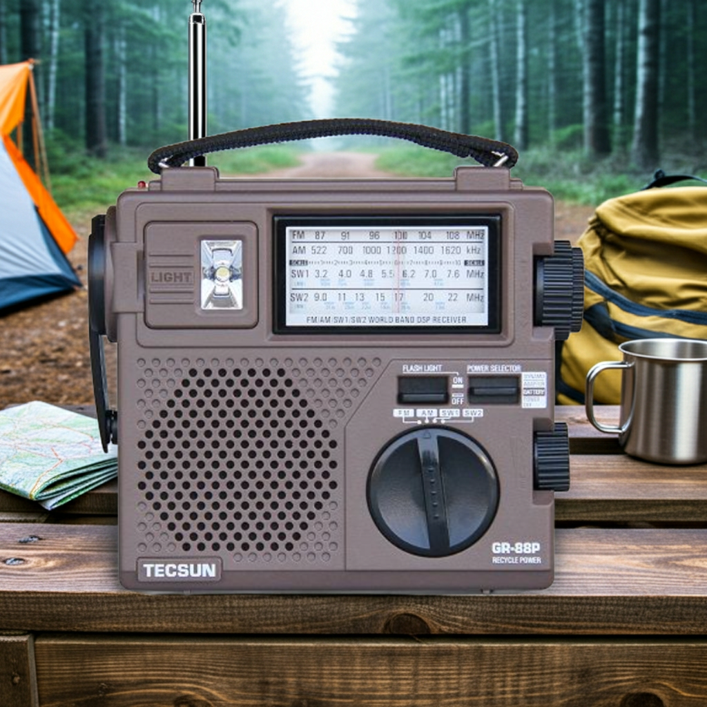 Tecsun GR-88P emergency crank radio on wooden crate with LED torch active