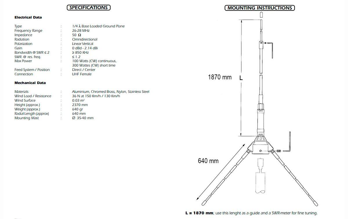Sirio Signal Keeper CB antenna with 1/4 wave ground plane and UHF-female connector