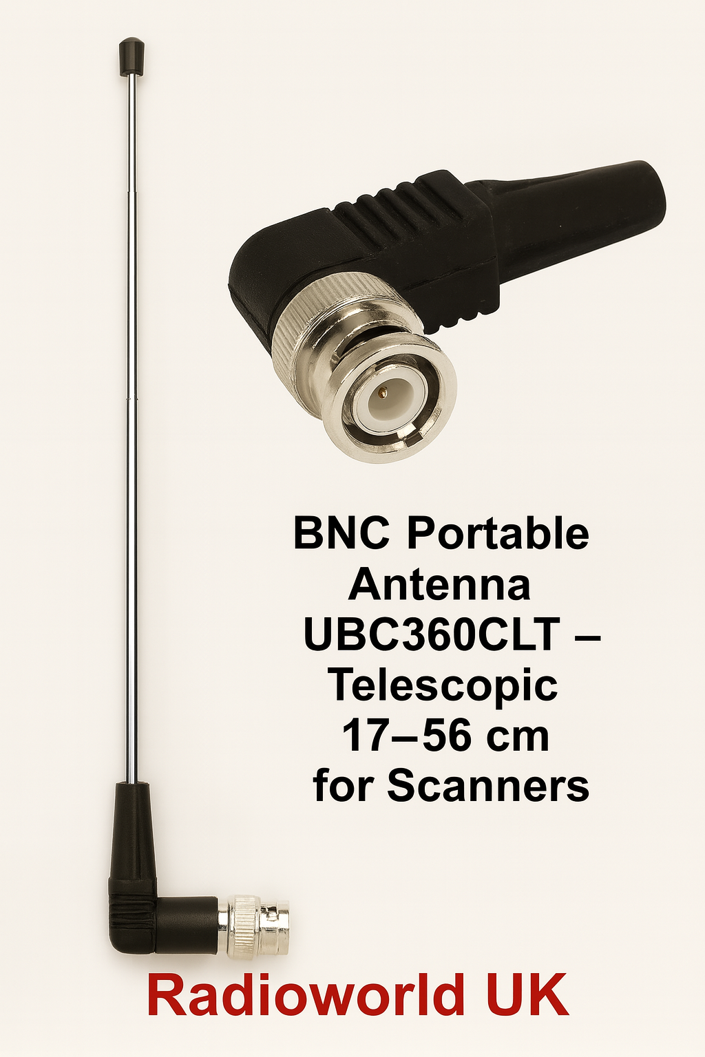 UBC360CLT telescopic antenna fully extended alongside a close-up of its BNC-Male connector plug