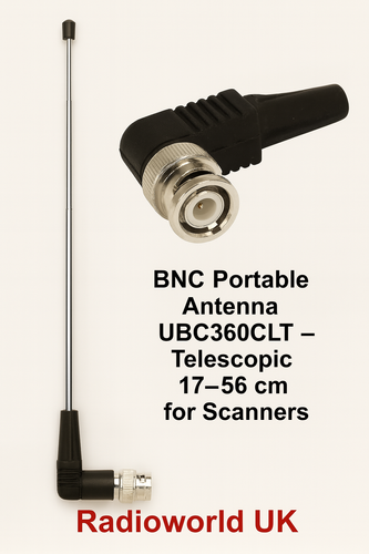 UBC360CLT telescopic antenna fully extended alongside a close-up of its BNC-Male connector plug