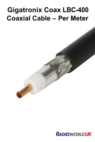 “Gigatronix LBC‑400 coaxial cable – black jacket, stripped to show internal layers”