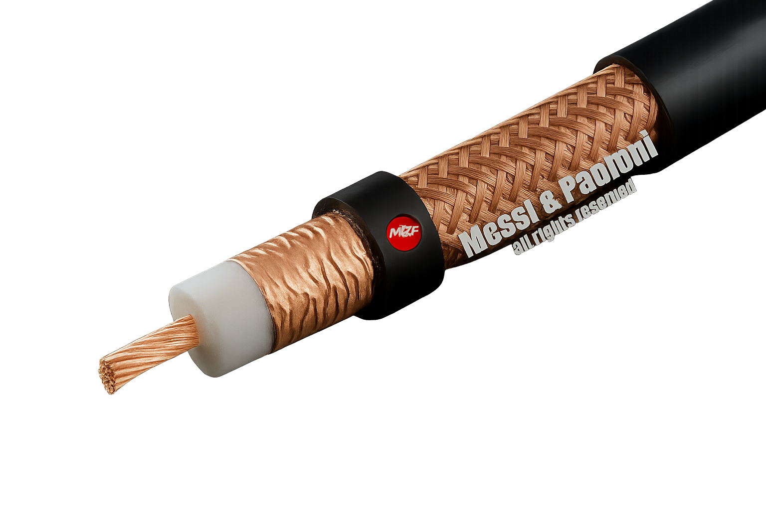 High‑frequency 12.7mm Messi & Paoloni coax cable showing inner conductor, dielectric, and braided shielding