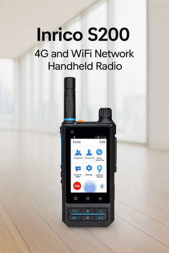 Front view of Inrico S200 network radio with SOS button and app icons – Radioworld UK