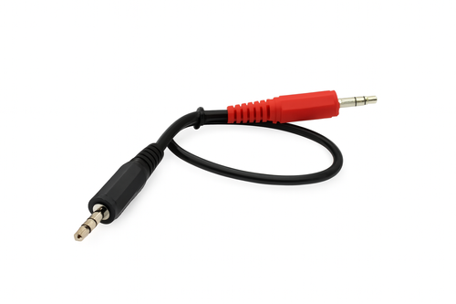 Short 3.5mm stereo audio cable with black and red male connectors coiled on white background