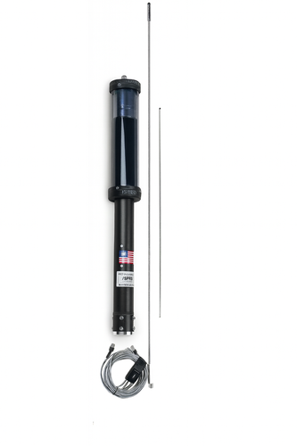Full-length vertical view of Tarheel 75 PRO HF antenna system with tuning rod and accessories