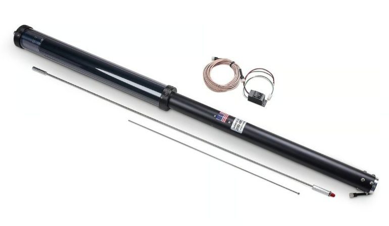 Tarheel 200 PRO HP motorised HF antenna with 66-inch whip and coil housing on white background