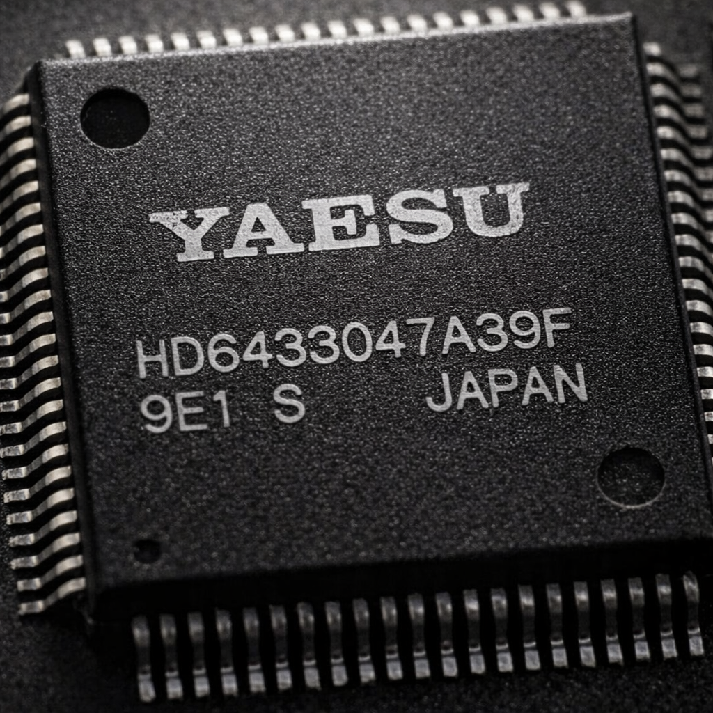 Detailed macro image of Yaesu HD6433047A39F integrated circuit used in communication radios