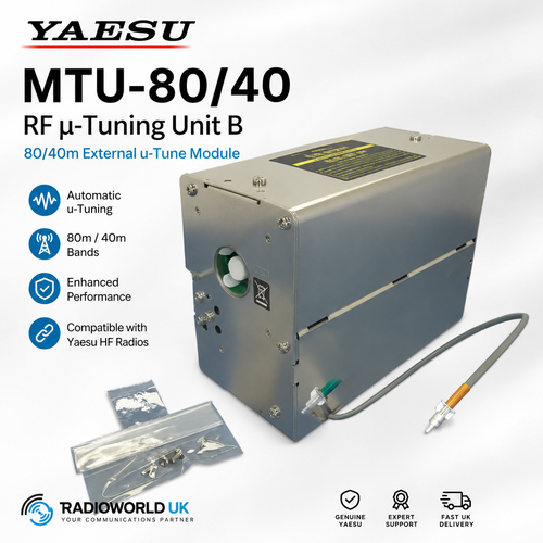 Yaesu MTU‑80/40 RF µ‑Tuning Unit B showing metal housing, SMA leads, mounting hardware and accessories