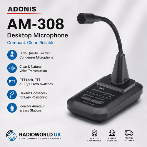 Adonis AM‑308 desktop electret condenser microphone with gooseneck and PTT controls