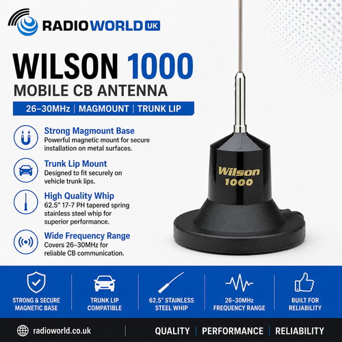 Wilson 1000 mobile CB antenna with magmount base for 26–30MHz operation