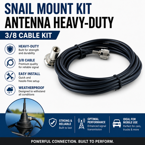 Heavy duty snail mount with 3/8 fitting and 4m RG58 coax