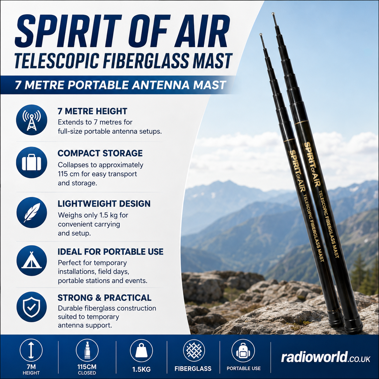spirit of air 7m telescopic fibreglass pole mast portable antenna support radioworld uk